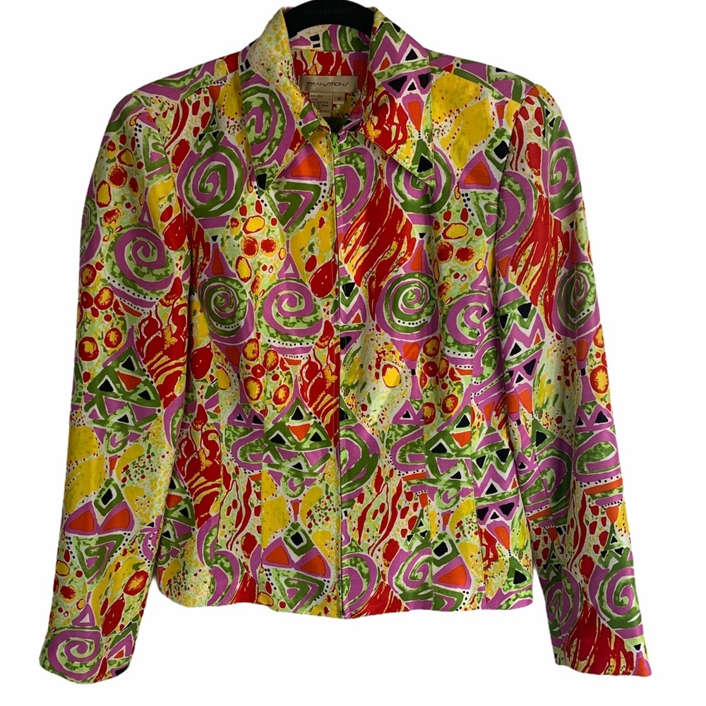 Transitions blazer jacket 100% silk Size 4 zip‎ front geometric pattern